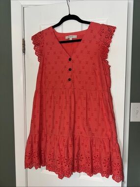 LOFT Coral Eyelet Tiered Dress with Scallop Sleeves - MP